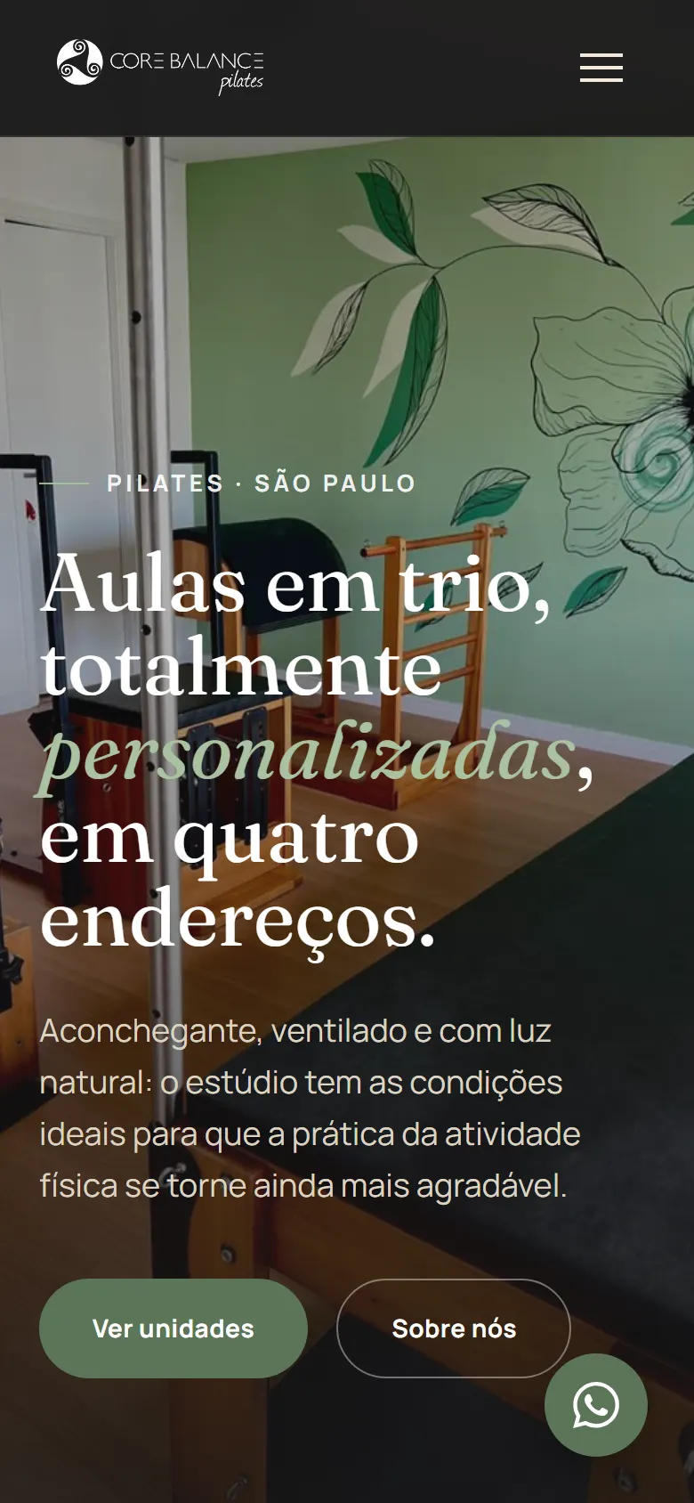 Site Core Balance Pilates, versão mobile