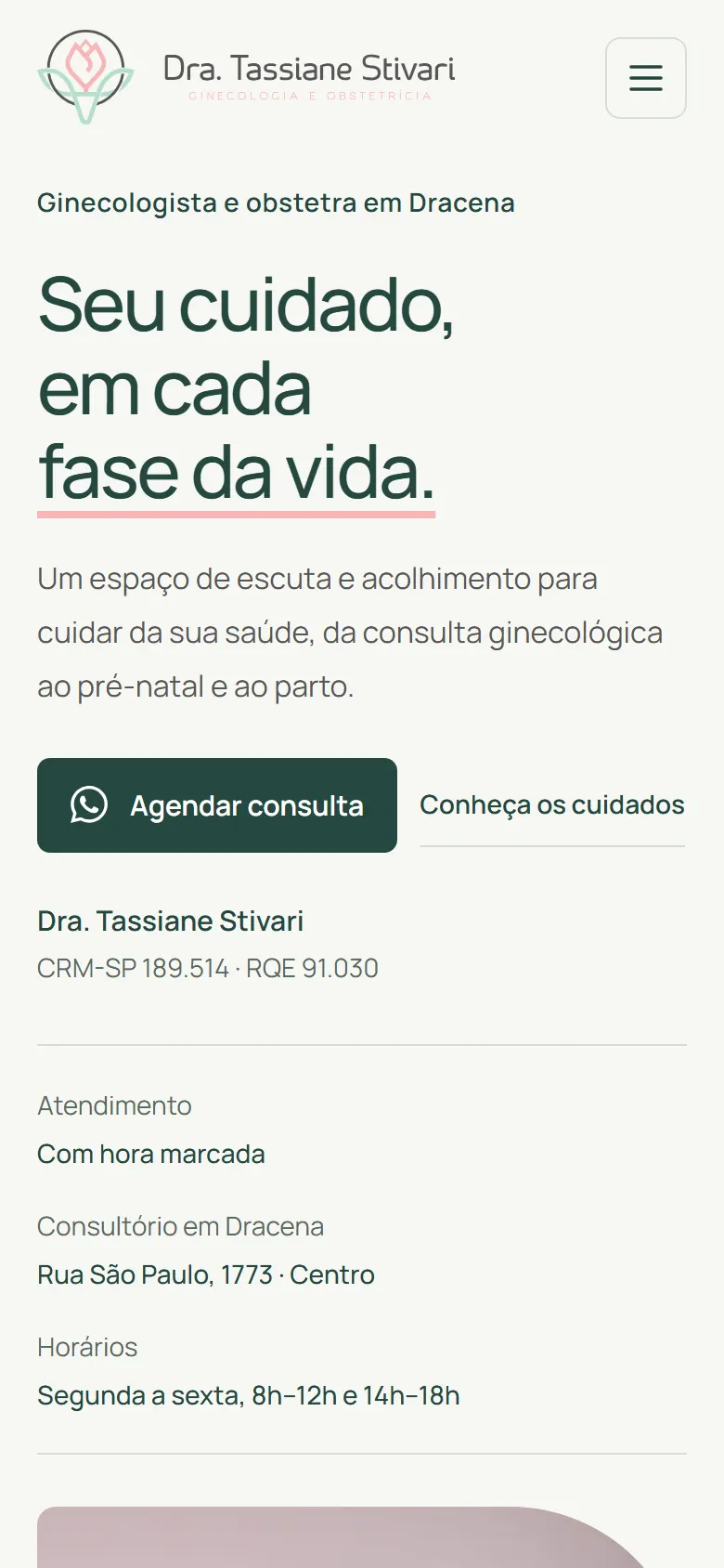 Site Dra. Tassiane Stivari, versão mobile